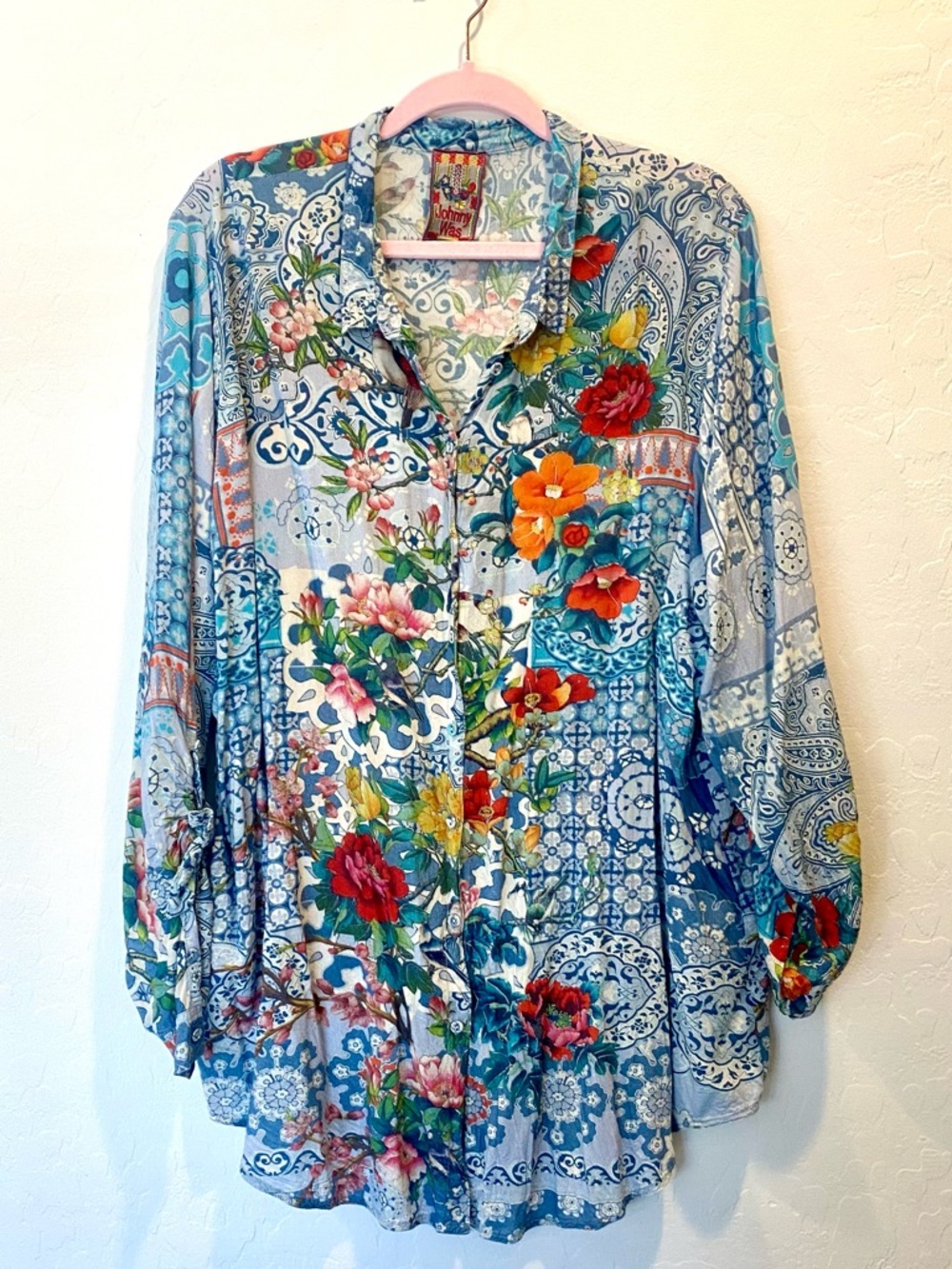 JOHNNY WAS Rayon Roll-Tab Sleeve Blue Floral Paisley Button-Down Blouse XXL